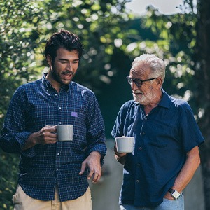 two friends walking and talking